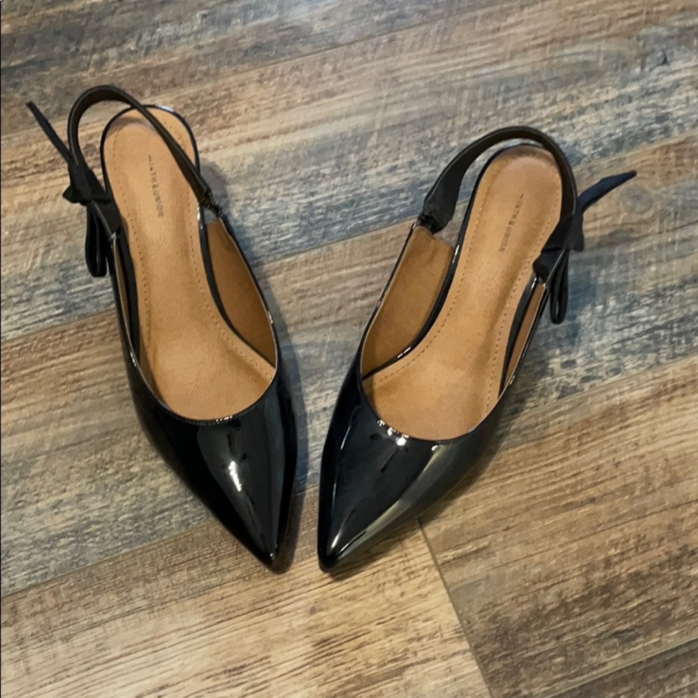 Black patent sling back heels